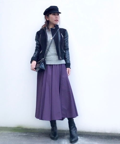 フレアスカート ニットパーカー ライダース 冬 大人カジュアル コーディネート ファッション ootd