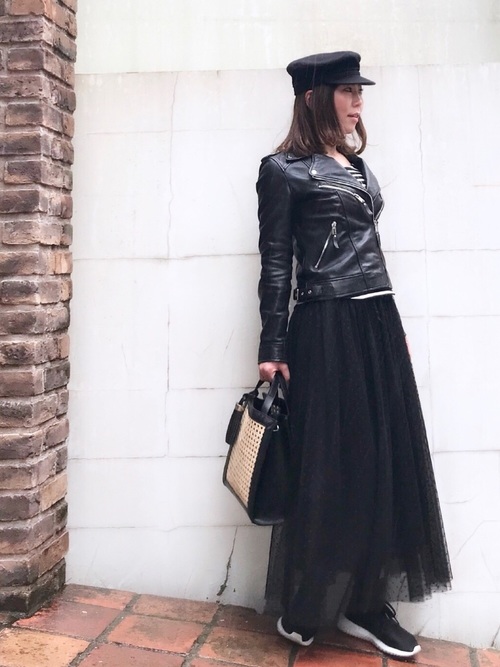 Today’s Outfit ドット チュールスカート×ボーダーT×ライダース オールブラック 春 大人カジュアル コーデ 2018.3.9