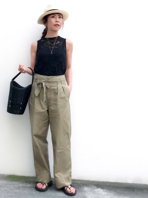 Today’s Outfit 黒レース ノースリーブ×ワイドパンツ ウエストイン 大人カジュアル コーデ 2018.8.29