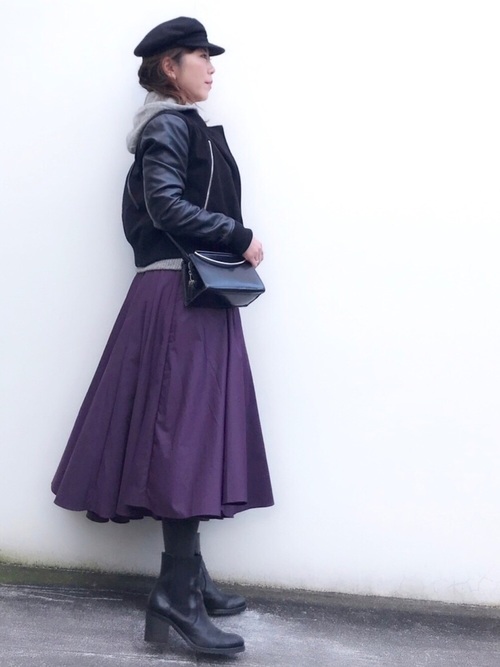 Today’s Outfit フレアスカート×ニットパーカー+ライダース 真冬 大人カジュアル コーデ 2018.12.15