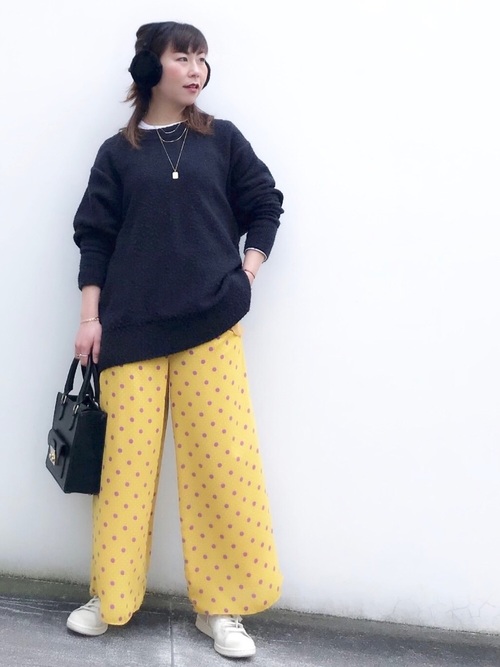 Today’s Outfit イヤーマフでヌクヌク オーバーサイズニット×ドットパンツ 冬 大人カジュアル コーデ 2019.1.26