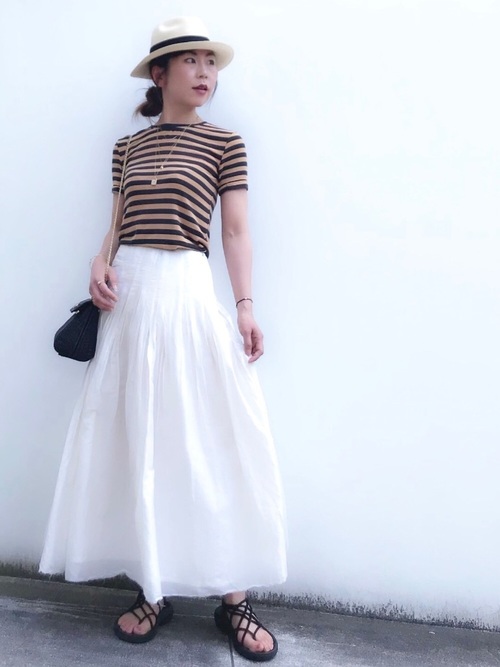 Today’s Outfit 初夏 中折れハット ボーダー×白スカート 大人カジュアル コーデ 2019.5.25｜aconomi