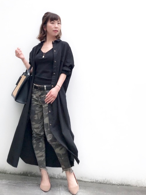 Today’s Outfit ブラック×カーキ ロングシャツにカモフラデニム 大人カジュアル コーデ 2019.6.1