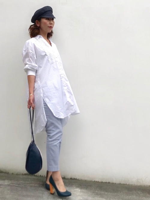 Today’s Outfit ブルー×ホワイト ロングシャツに柄パンツ シンプル 大人カジュアル コーデ 2019.6.13