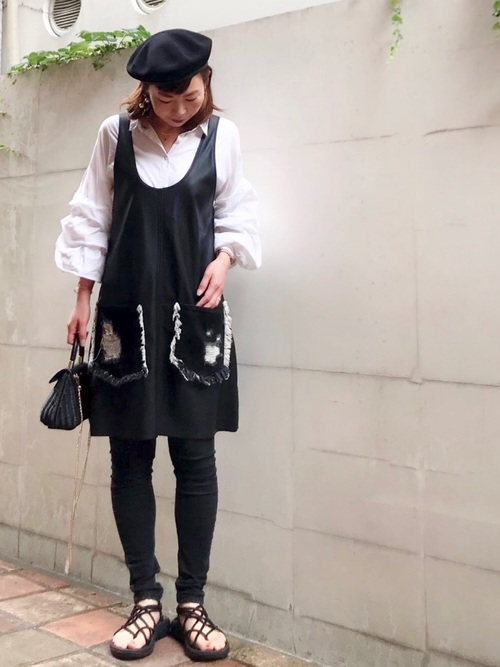 Today’s Outfit モノトーン ボリューム袖ブラウス×ワンピース ベレー帽 大人カジュアル コーデ 2019.6.24