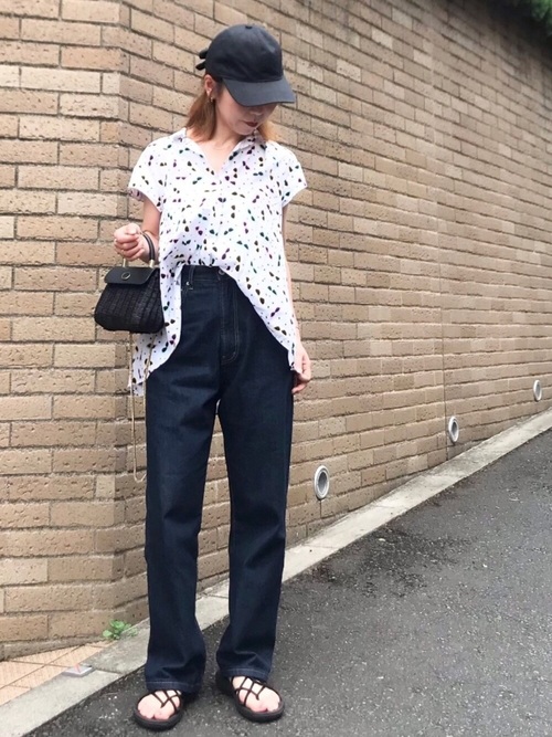 Today’s Outfit 柄シャツ×ハイウエスト ストレートデニム 大人カジュアル コーデ 2019.7.4