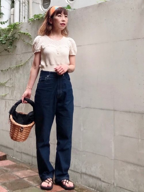 Today’s Outfit ショート丈 パフスリーブニット×ハイウエストデニム 大人カジュアル コーデ 2019.7.14